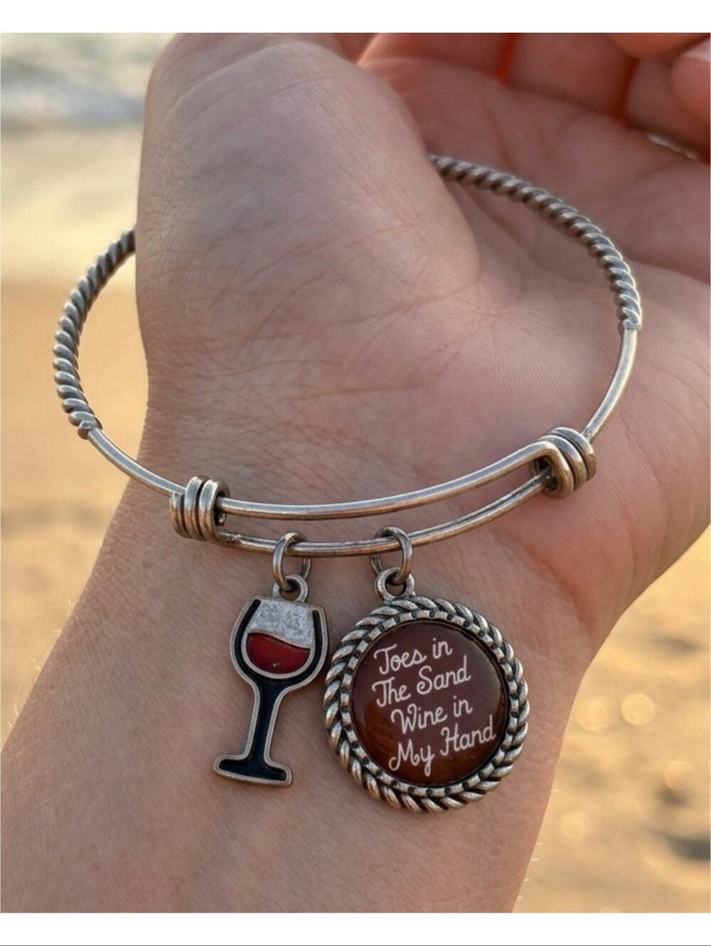 Toes In The Sand, Wine In My Hand Twisted Metal Charm Bracelet